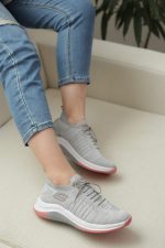 کتونی جورابی زنانه | مدل اسکیچرز بافتی زنانه skechers رنگ طوسی گلبهی
