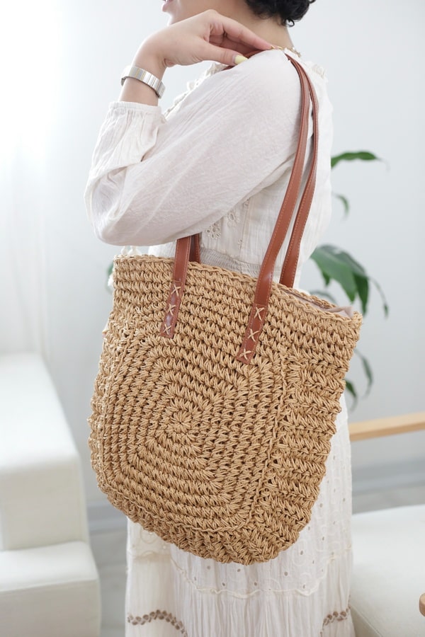 کیف حصیری زنانه مدل رافیا بزرگ رنگ نسکافه ای بندعسلی