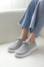 کتونی جورابی زنانه مدل اسکیچرز بند دار زنانه skechers طوسی روشن